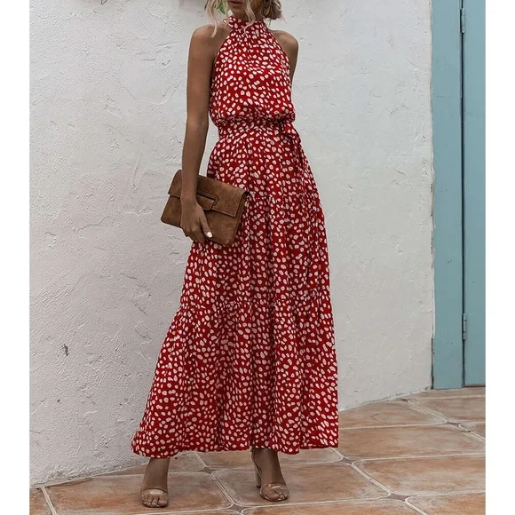 chain halter maxi dress Red Halter Chain Back Maxi Dress